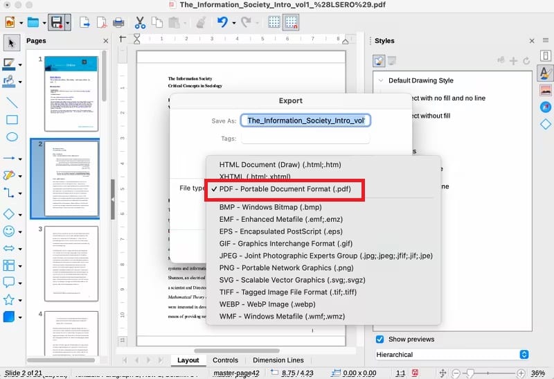 click pdf format to export file