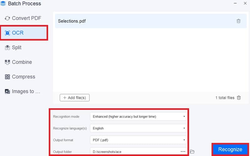 click ocr, customize settings and hit recognize