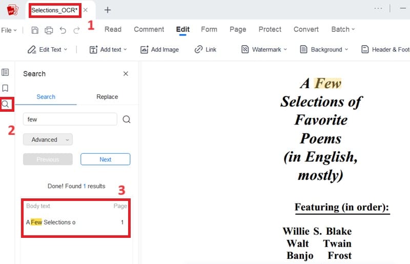 import converted pdf, click search