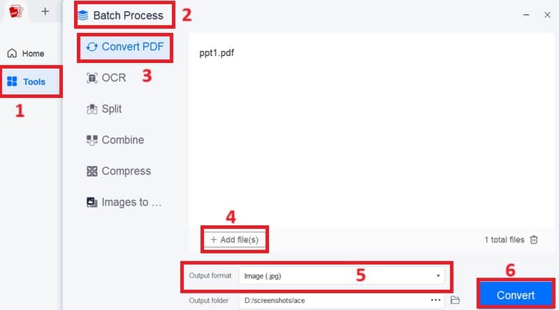 go to batch process, add files and hit convert