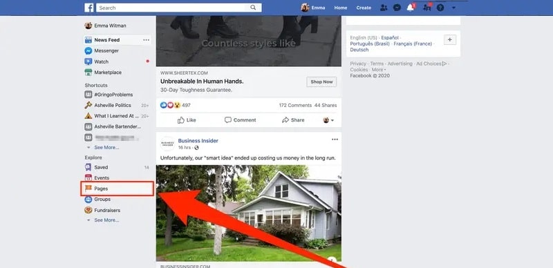 open business page and select pages