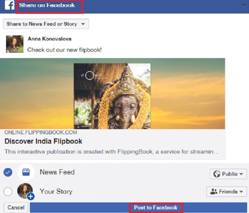 click share on facebook and post