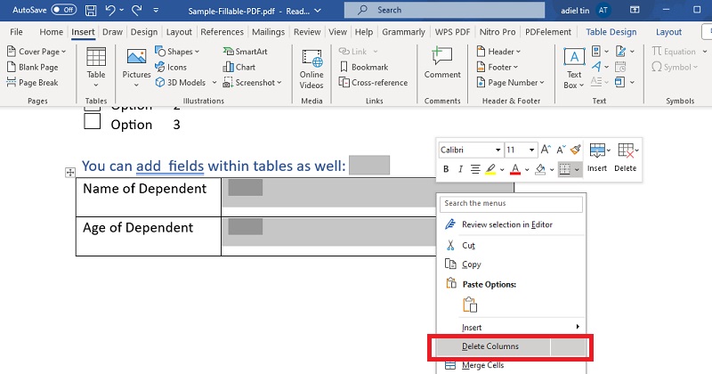 remove fillable fields from the word documents