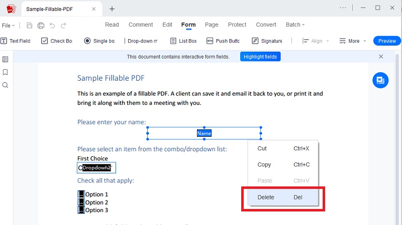 remove fillable fields in pdf