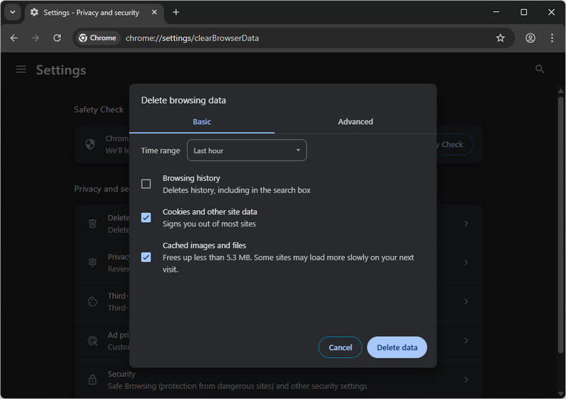 clear chrome cache and cookies