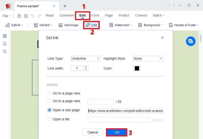click edit and link, apply link and hit ok