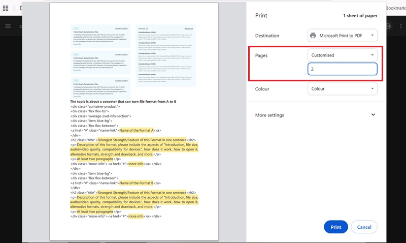 chrome print option