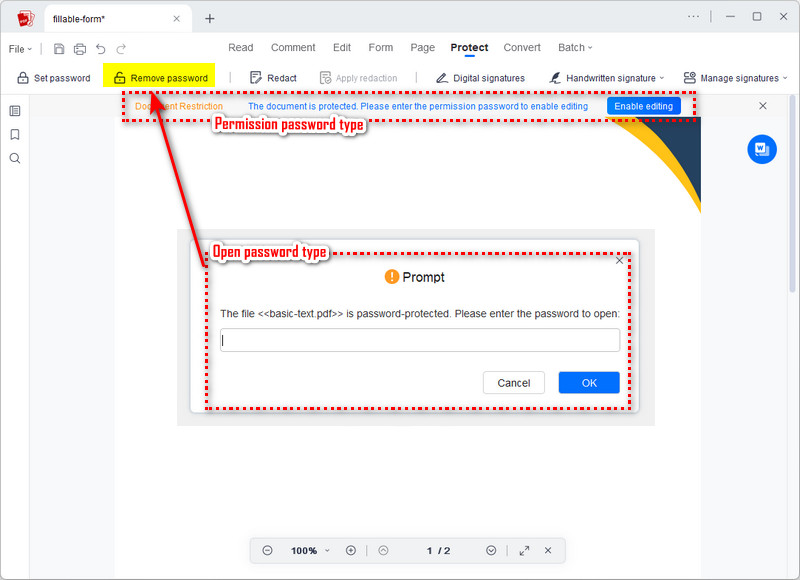 enter and remove the password