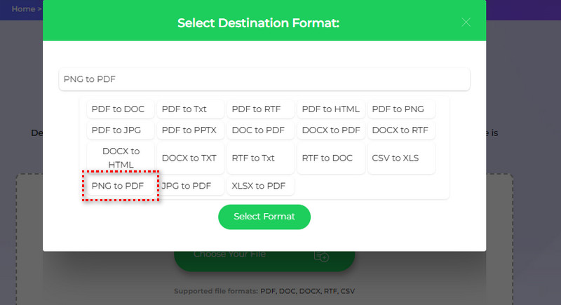 select png to pdf as destination format