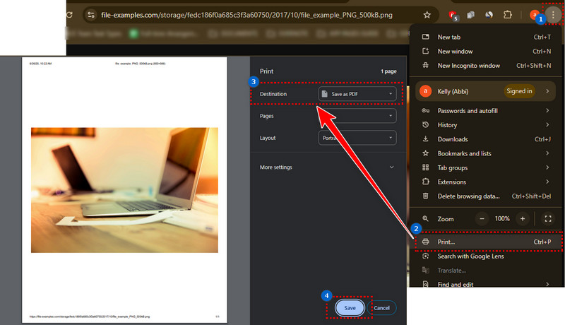 convert png image to pdf file using print option